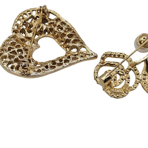 VTG Brooch Set 2PC Gold Tone Clear Rhinestone Rose Faux Pearl Heart Jewelry Pins - Picture 2 of 10